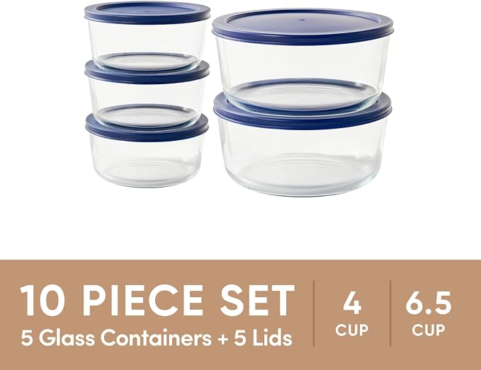 10-Piece Glass Food Storage Containers Set (5 Containers + 5 BPA-Free Lids) | 4-Cup & 6.5-Cup, Leakproof | Microwave, Freezer, Oven & Dishwasher Safe | Ideal for Meal Prep & Pantry Organization, Blue