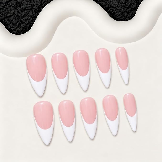 Handmade White French Tip Press on Nails Long Stiletto Acrylic Press on Nails Nude Fake Nails Press on Nails Solid Color Hand Made Thick Stick on Nails for Women 10pcs (M)