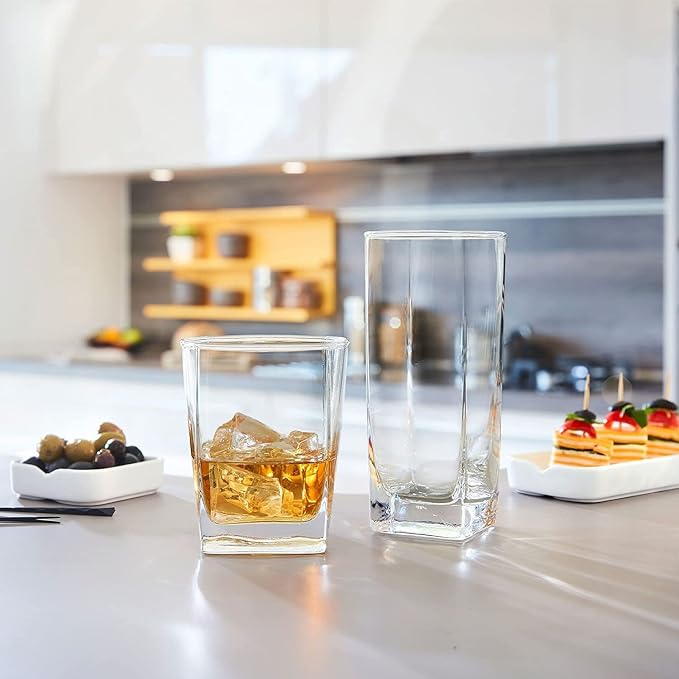 Le'raze Collins Everyday Drinking Glasses Set of 16 Drinkware Kitchen Glasses for Cocktail, Iced Coffee, Beer, Ice Tea, Wine, Whiskey, Water, 8 Tall Highball Glass Cups & 8 Short Old Fashioned.