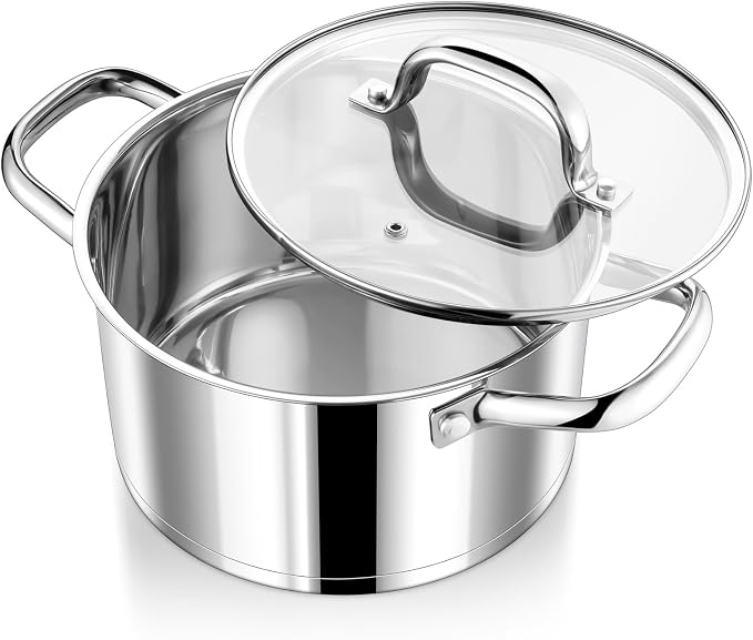 P&P CHEF 4 Quarts Stock Pot with Lid, Stainless Steel Stockpot for Cooking | Cooking Pot for Soup, Pasta, Tri-Ply Bottom for Induction, Gas, Ceramic, Glass Lid & Double Handle, Dishwasher Safe