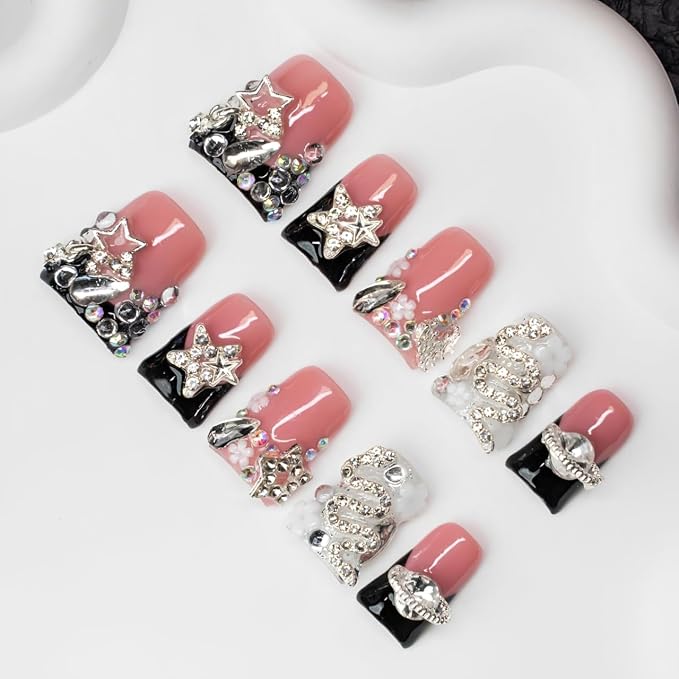 Handmade Press on Nails 3D Flower Nail Art Fake Nails Luxury Handmade Rhinestone & Stars Black French Tip Short Duck Acrylic Nail with Flower Design Thicked Stick on Nail for Women (M)