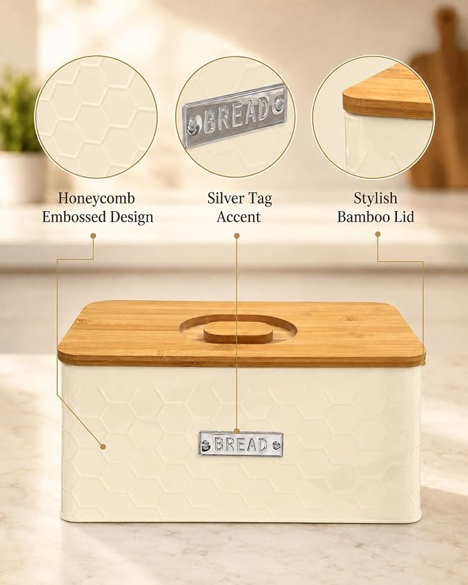 Bread Box for Countertop, Small Cream White Metal Bin, Bamboo Lid | Small farmhouse bread storage container and bread bin with cutting board lid for homemade bread and baked goods organization.