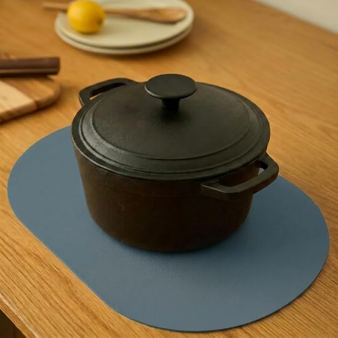 Steel Blue Oval Silicone Placemats Set of 4 – Heat Resistant, Waterproof, Easy to Clean Non-Slip Modern Dining Table Mats – Premium Leather Textured Japandi Kitchen Decor
