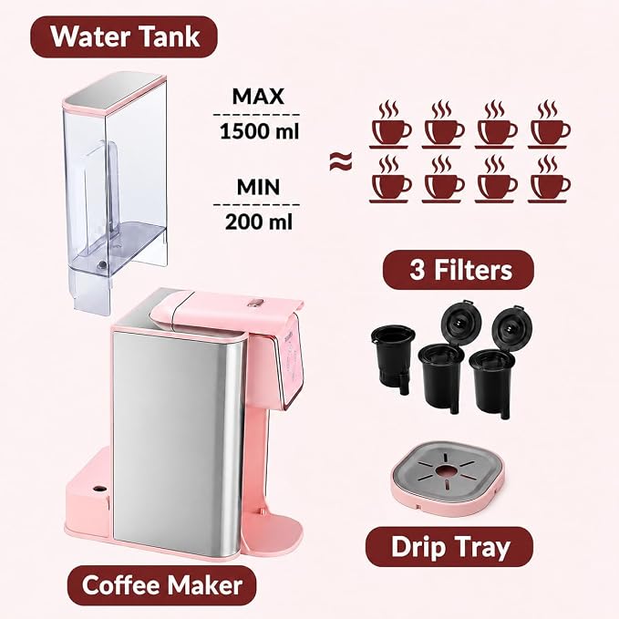 Mecity Pink Coffee Maker 3-in-1 Single Serve Coffee Machine, For Flat Bottom Coffee Capsule, Ground Coffee, 6 to 10 Ounce Cup, Removable 50 Oz Water Reservoir, 120V 1150W