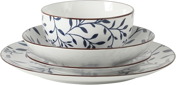 Gibson Home Palace Suite 16-Piece Dinnerware Set, Blue Floral Stoneware Plates & Bowls, Service for 4, Round Durable Everyday Dish Set