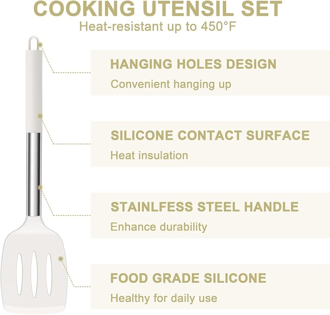 E-far Silicone Cooking Utensils Set, 7-Piece White Kitchen Utensils Set | Heat Resistant Nonstick Cookware with Stainless Steel Handle, Slotted Turner, Spoon, Soup Ladle, Pasta Server, Skimmer, Tongs