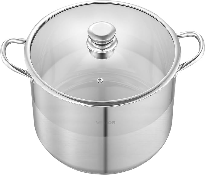 VEVOR Stainless Steel Stock Pot, 16QT Stainless Steel Stockpot with Glass Lid, PFOA-Free, PFAS-Free, Compatible with Gas Stoves, Induction Cooktops, Electric Stoves, for Soups, Stews, and Pasta