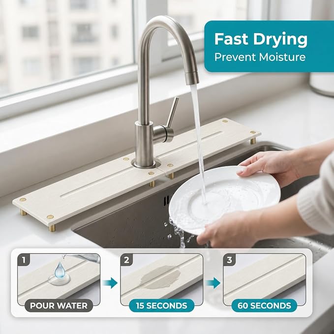 2PCS Stone Faucet Mat for Kitchen Sink, Water Absorbing Sink Tray Organizer for Bathroom Counter, Diatomite Soap Dish Coaster Caddy Riser, Sponge Holder Dispenser Mat, Gold White 23.6" x 4", 1 Set
