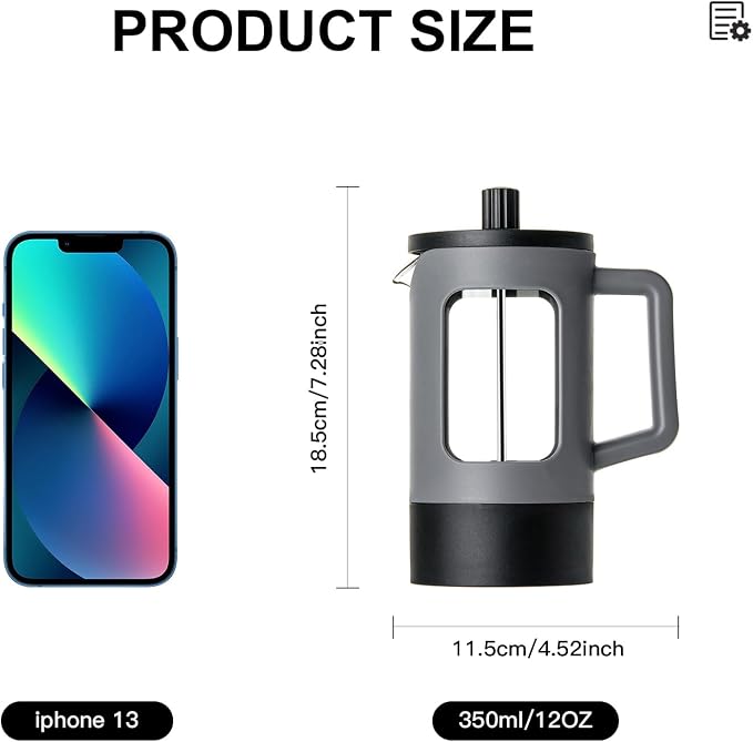 YOLIFE French Press Coffee Maker 12 oz, Camping Mini Coffee Press Grey | Heat-resistant Borosilicate Glass, Portable for Travel