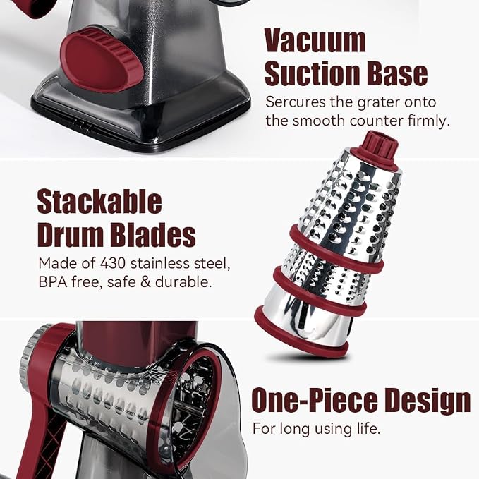 Rotary Cheese Grater Hand Crank Transparent - Shredder Slicer Grinder 3 Stainless Steel Blades, Stable Suction, Labor-Saving Handle, Safe Kitchen Tool for Cheese, Vegetable, Nuts, Chocolate