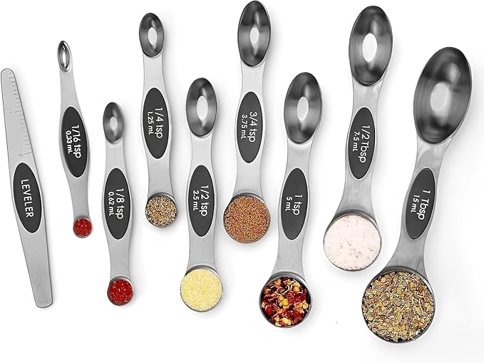 Magnetic Measuring Spoons Set of 9 Stainless Steel Stackable Dual Sided Nesting Teaspoons and Tablespoons for Measuring Dry and Liquid Ingredients