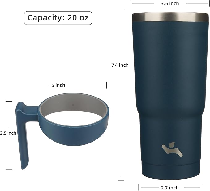 Konokyo 20 oz Tumbler with Handle and Straw, Insulated Travel Mug | Navy Blue; BPA-free, leak-proof tumbler with 2 lids, 2 straws, cup holder fit for coffee, office, travel & daily use