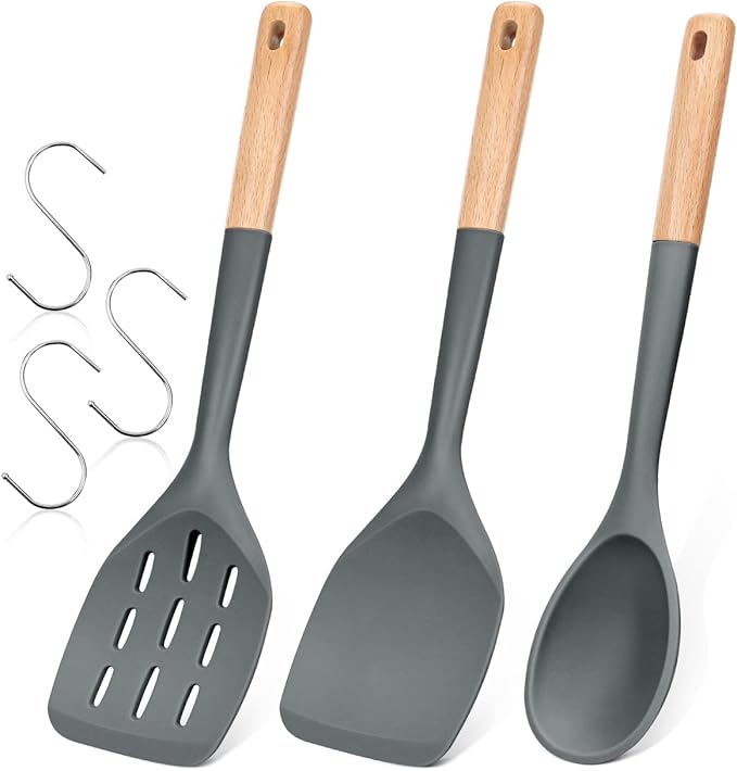 Pack of 3 Silicone Spatula, Non Stick Cooking Utensil Set, Grey | Heat Resistant, Non Scratch, Wooden Handle Kitchen Turner for Baking Mixing Grilling Serving Food