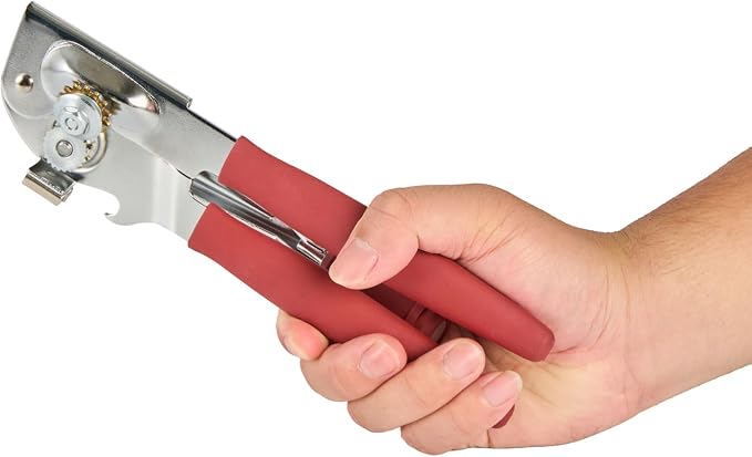 Restaurantware Stainless Steel Magnetic Manual Can Opener - German Standard Red Crank Can Opener with Magnet, Ergonomic Handles, Non-Slip - Heavy-Duty Hand Can Opener, Easy Turn, Sharp Blade
