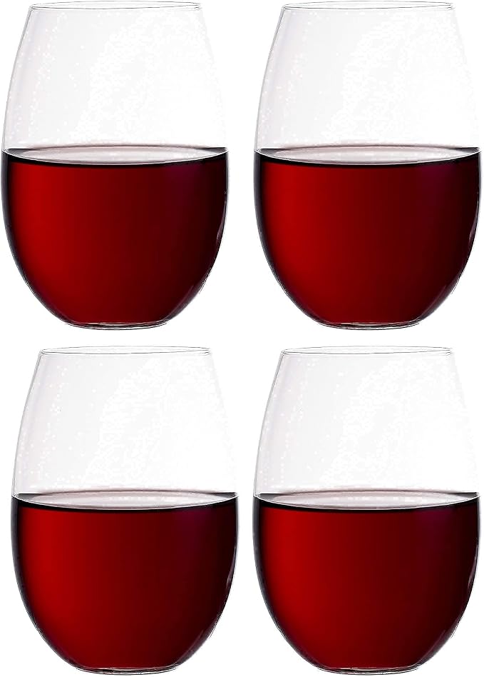 Royalty Art European Stemless Wine Glasses, 4-Piece Set, Clear | Elegant hosting glassware, modern heavy-duty glass crystal, dishwasher safe