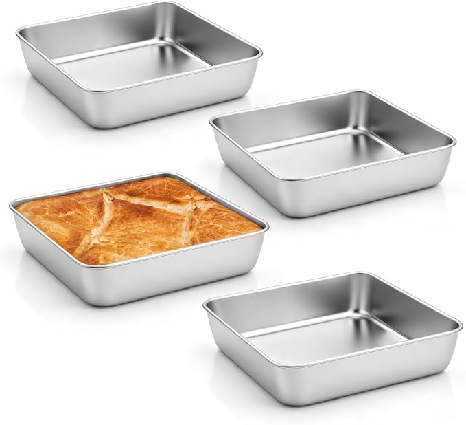 Leonyo Non-Toxic 8x8 Stainless Steel Baking Pan Square Cake Pan, 4 Pack | Commercial-Grade Metal 8x8IN Pan Square Baking Dish For Brownie, Cornbread, Banana Bread, Lemon Bars, Dishwasher Safe