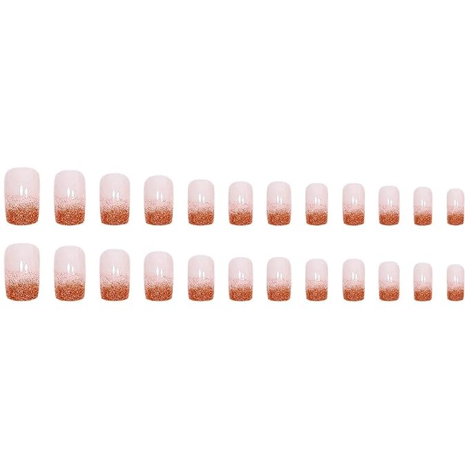 Fall Press on Nails Medium Square Fake Nails with Glitter Designs Nails Press ons Nude Pink Glue on Nails Simple Stick on Nails for Women 24 Pcs