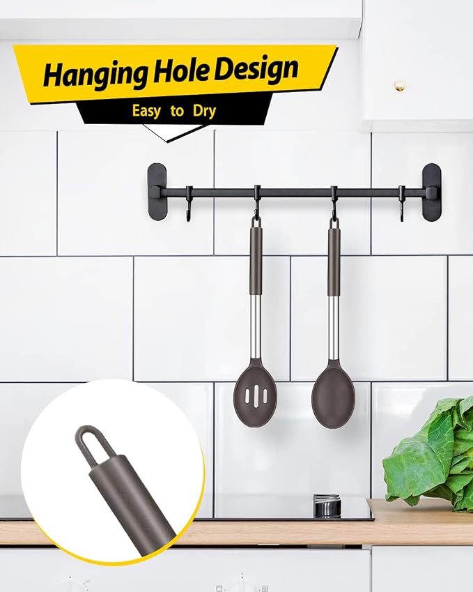 BUNDLEPRO Silicone Cooking Spoons for Non Stick Cookware, 2 Pack, Chocolate | Heat Resistant, Large Kitchen Spoons for Mixing, Serving, Draining, Stirring