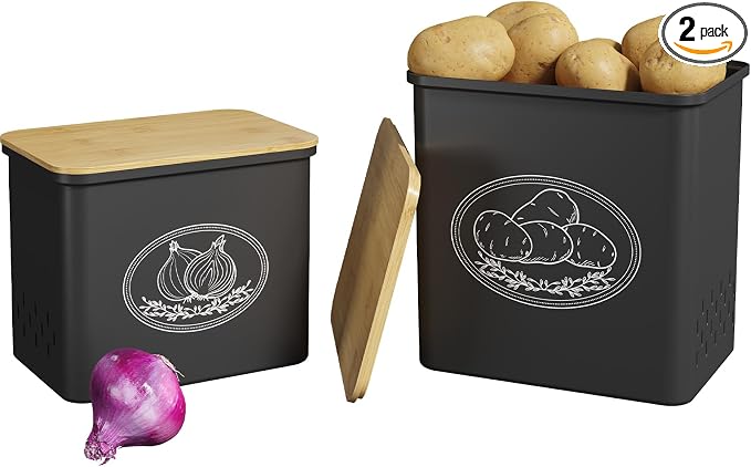 Lifewit Plastic Potato and Onion Storage Bin Box, Set of 2, Black | Stackable Garlic Keeper, Vegetable Container Box, Aerating Holes & Lid for Pantry Countertop