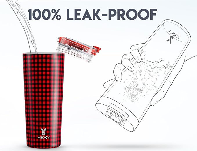 Meoky 24 oz Insulated Travel Coffee Mug: Leak Proof Lid, Crimson Plaid | Stainless Steel Coffee Tumbler, Keeps Hot for 8 Hours or Cold for 24 Hours, Fits in Car Cup Holder, BPA Free