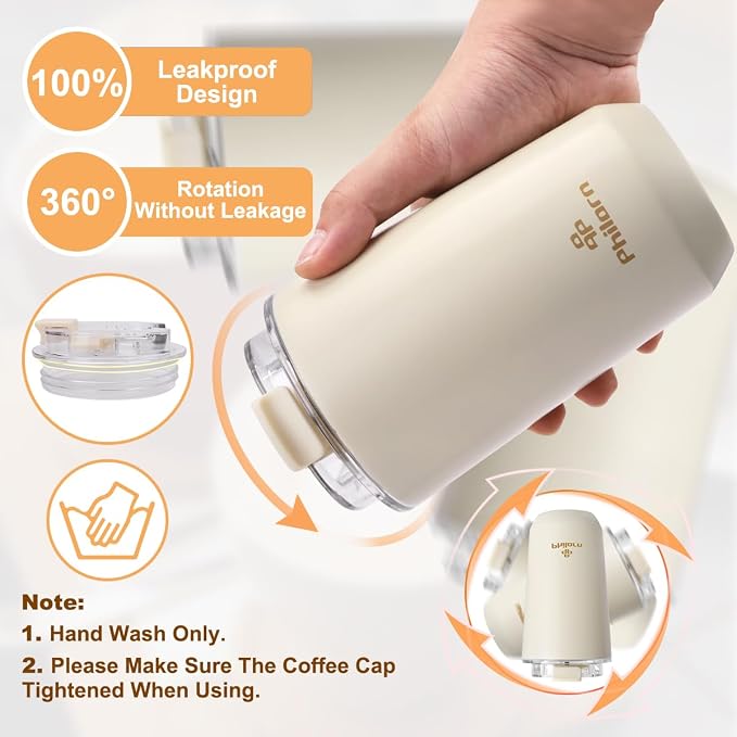 PHILORN Travel Coffee Mug, Coffee Cup-12 OZ Insulated With Lid | White Stainless Steel Coffee Mug with Double Wall, Thermal Cup for Hot & Cold Drinks