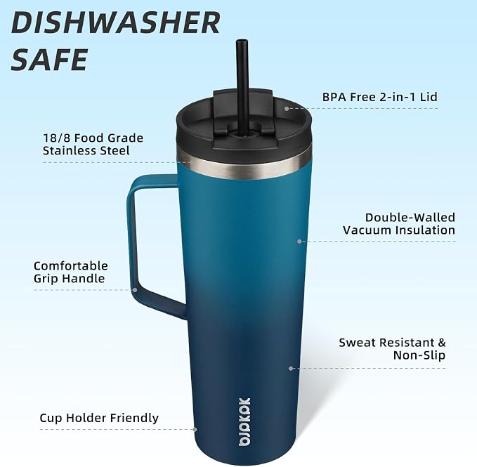 BJPKPK 30oz Insulated Tumbler with Handle, Lid & Straw, Stainless Steel | Double Wall Vacuum Insulated Coffee Travel Mug - Keeps Cold & Hot, BPA Free, Cupholder Fit for Office, Gym & Travel