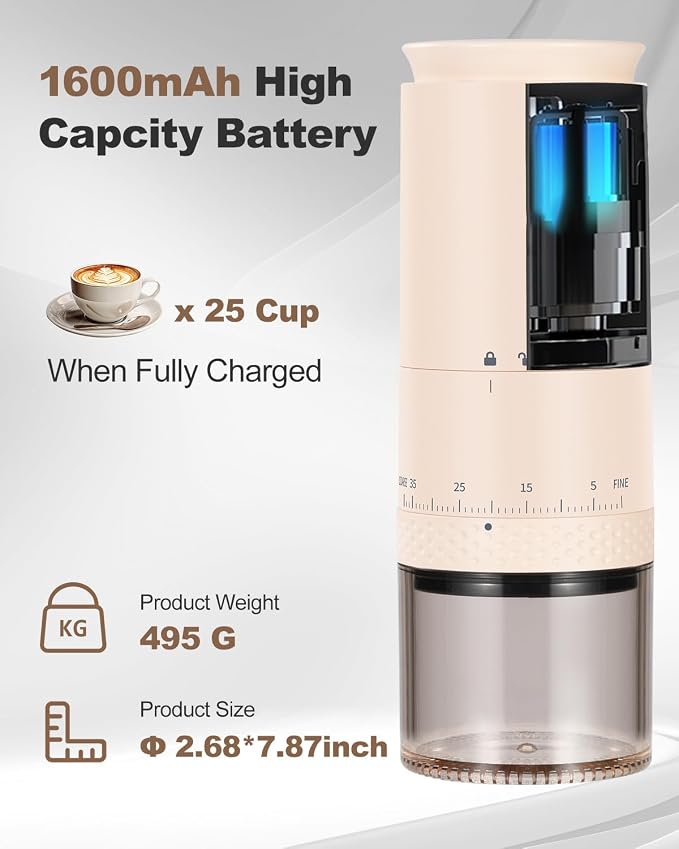 Lamido Portable Electric Coffee Grinder with Ceramic Burr - Visual Bean Hopper - 38 Adjustable Grind Settings - 1.8X Faster Grinding - 2000 mAh Rechargeable (Light Beige, E90M)
