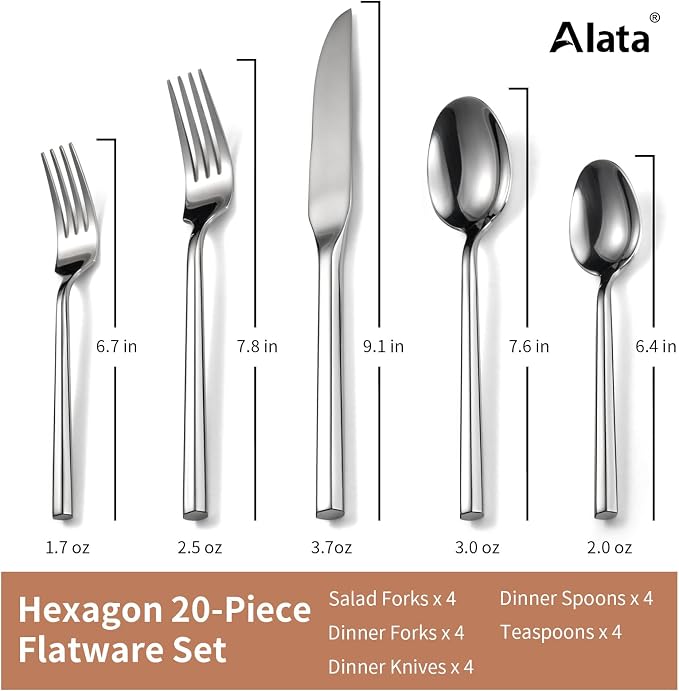 Alata Hexagon 20-Piece Forged Silverware Set Stainless Steel Flatware Set Cutlery Set,Service for 4,Mirror Finish,Dishwasher Safe