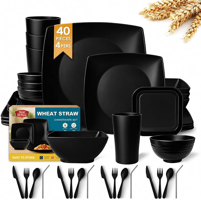 Teivio 44-piece Plastic Wheat Straw Square Dinnerware Set for 4, Unbreakable Dinner Plates, Salad/Tidbit Plates, Snack/Fruit Bowls, Tumblers 13.5oz, Flatware, Dishwasher Safe Outdoor RV Dishes, Black