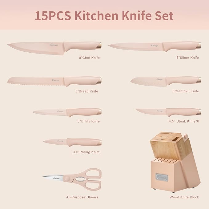 Knife Set, 15 PCS Kitchen Knife Set with Block, Built-in Sharpener | German Stainless Steel Knife Block Set with Anti-Rust Coating & Ergonomic Handle, Chef Knives for Everyday Home Cooking, Pink