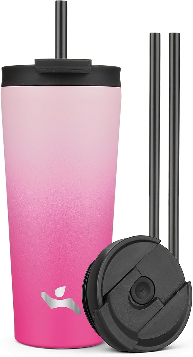 Konokyo 22 oz Insulated Tumbler Water Bottle with Straw Lid, Cherry | Stainless steel insulated tumbler for coffee, water and iced drinks; spill-proof lid, 2 straws, cup-holder friendly