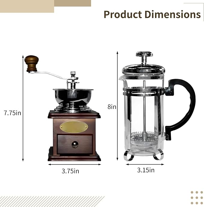 French Press Coffee Set, Metal & Wood Burr Grinder with French Press, Smooth Coffee Maker for Home & Camping, Coffee Table Decor, 7.9 x 5.1 x 2.6 inches