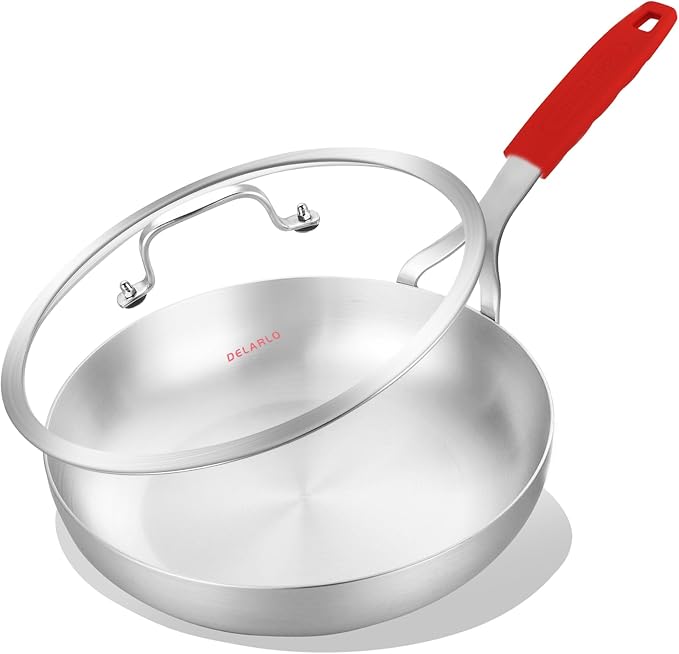 DELARLO Tri-Ply Stainless Steel Frying Pan 10" With Lid Kitchen Skillet | Stainless Steel Pan Cooking Heat fast and evenly Compatible with All Cooktops Dishwasher and Oven Safe