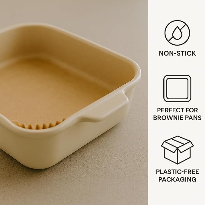 8 Inch Square Pre-Formed Parchment Paper, Plastic Free Packaging, Natural Unbleached Food Grade Non-Stick Liners, High Heat Safe, Designed in USA, 50 Sheets