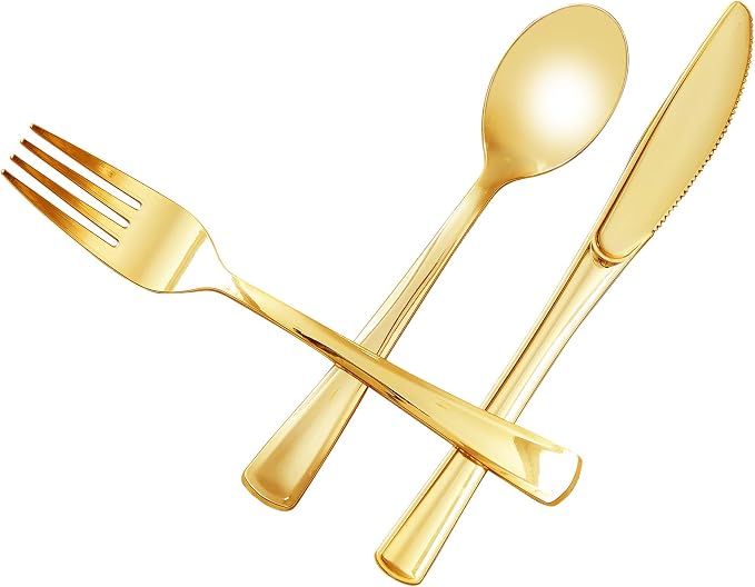 100PCS Gold Plastic Silverware, Heavy Duty Disposable Utensils/Cutlery | 50 Forks, 25 Spoons, 25 Knives, Elegant, BPA-Free, for Party, Wedding, Birthday & Everyday Use