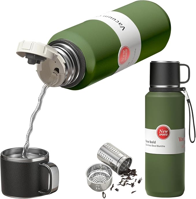 Stainless Steel Insulated Bottle, Vacuum Insulated Water Bottle, Hot Drinks Cold Drinks with Separate Tea Compartment, 24-Hrs Insulation Commute Travel (Green,50oz/1500ml)
