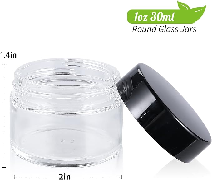 1oz Glass Jar with Lid,Hoa Kinh 40Pack Clear Cosmetic Glass Jars with Lids | Travel Jars with Inner Liners and Black Lids for Storing Lip and Body Scrub, Lotion, Body Butter, Bath Salts, Liquid