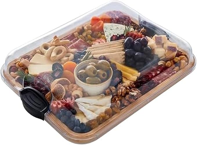 Farberware Bamboo Cutting Board with Clear Locking Lid, 11x14 Inch Charcuterie Board with Handles - Reversible Serving Board for Cheese, Meats, Snacks and More