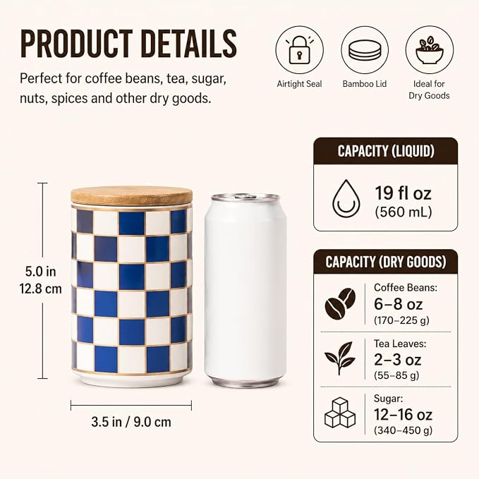 Kitchen Countertop Ceramic Checkered Canisters,Black And White Food Storage Containers With Lid,Airtight Kitchen Canisters for Flour, Sugar, Coffee, Tea, and Dry Goods (Blue, Small)