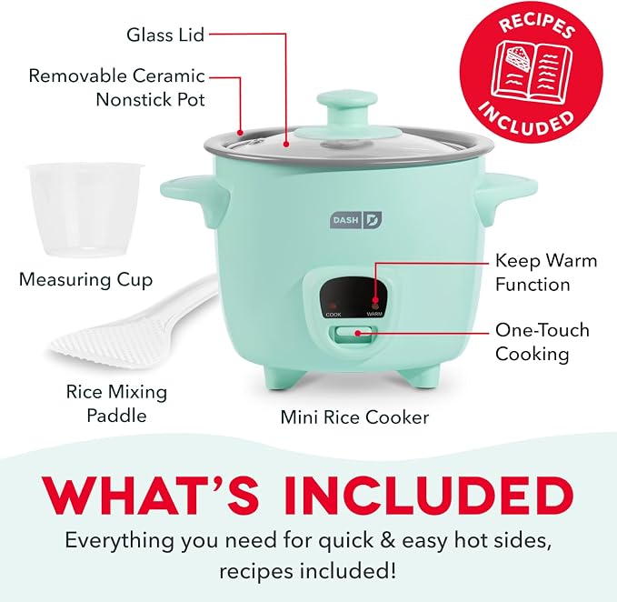 Dash Mini Rice Cooker, 2-Cup Removable Ceramic Nonstick Pot, Aqua | Small Rice Cooker, Rice Maker for One, Keep Warm Function, Cooks Oatmeal, Quinoa & Grains