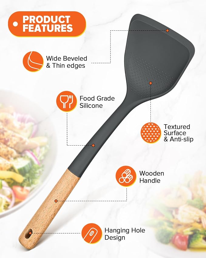 Silicone Cooking Utensils Set, Safe for Nonstick Cookwares, Grey | Perfectly Angled for Frying, Mixing,Serving,Draining,Turning and Stirring, BPA-Free Matte Silicone, Wood Handles,4 Pack