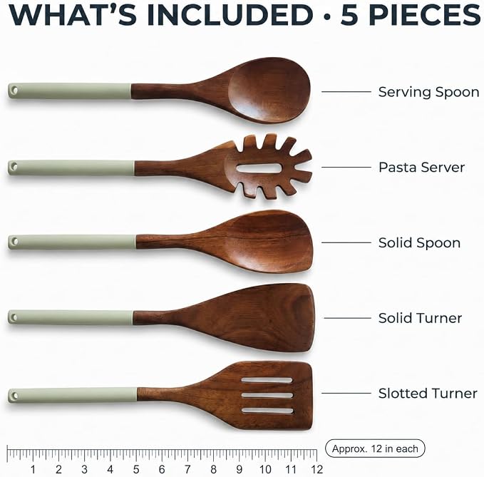 DI ORO Wooden Kitchen Utensil Set - 5 Pc Spoon & Spatula, Sage | Won't scratch nonstick pots and pans; Natural hardwood, easy to hand wash; For cooking, serving, stirring, and turning