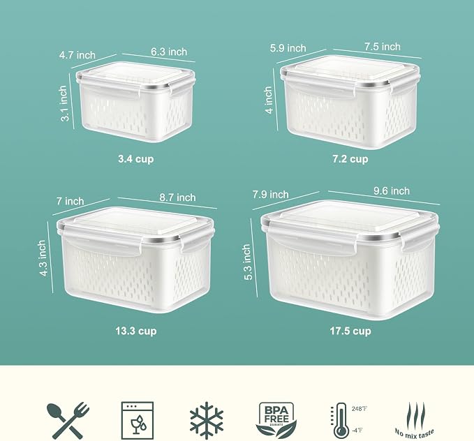 8 Pieces Fruit Storage Container for Fridge with Removable Colander | 4Pack Plastic Fruit Containers for Fridge, Container for Fruit Berry Salad Lettuce, BPA Free Kitchen Refrigerator Organizers