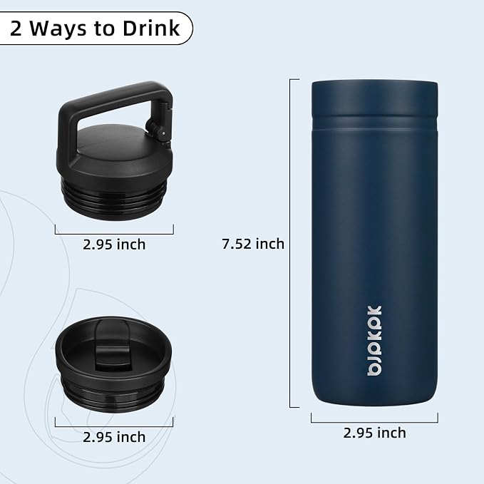 BJPKPK 20 oz Insulated Travel Water Bottle, Coffee Tumbler Stainless Steel | Double Wall Vacuum, Leakproof, Thermal, Keeps Hot/Cold, Dishwasher Safe, Spill Proof, Wide Mouth, 2 Lids, Navy Blue