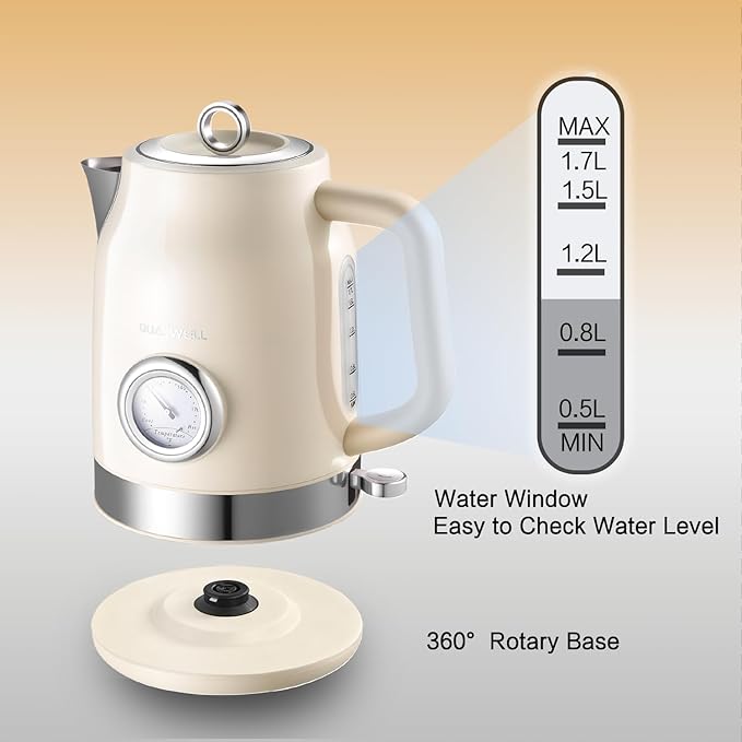 Retro Electric Kettle, 1.7L, 304 Stainless Steel, Beige | Temperature Gauge, 1500W Fast Boiling, Auto Shut-Off & Boil-Dry Protection, BPA-Free,Vintage water kettle, Cream Color