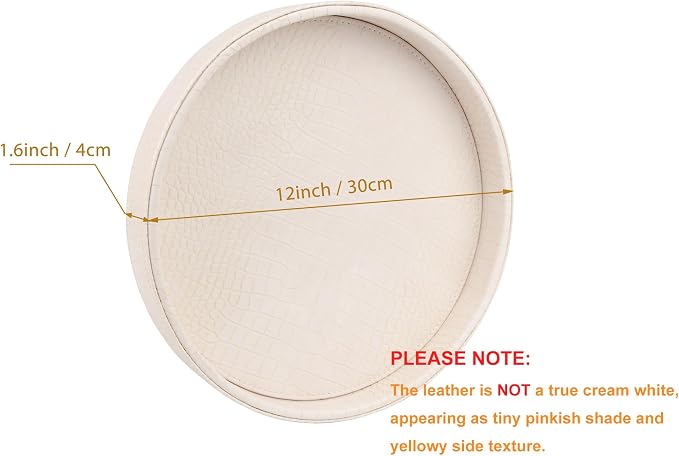HofferRuffer Faux Leather Round Serving Tray, Vegan Croco Leather Decorative Tray, Food Tray for Storage Drinks, Snack & Cosmetics, Dia.12'' x 1.6'' (CreamWhite/Tiny Yellow)
