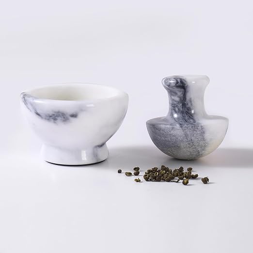 Marble Mortar and Pestle Set for Grinding Herbs Spice Pills Seeds Guacamole Garlic and Ginger Stone Grinder Seasoning Crusher Elegant and Cute Kitchen Tools (White)