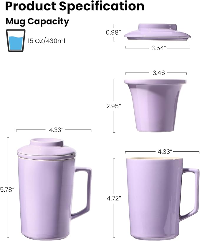 15 OZ Ceramic Tea Cup with Infuser and Lid,Tea Mug with All-Porcelain Strainer for Loose Leaf Teas,Microwave and Dishwasher Safe,Metal-Free,BPA-Free for Tea-Lovers,Birthday (Purple)