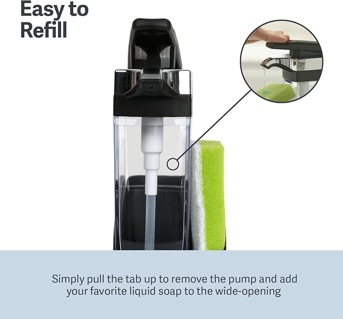 Casabella Sink Sider Solo Kitchen Soap Pump and Sponge Caddy, Black/Chrome - 2-in-1 Soap and Sponge Caddy, One-Hand Soap Dispensing, Ergonomic Design, Easy to Refill and Clean, Efficient Size