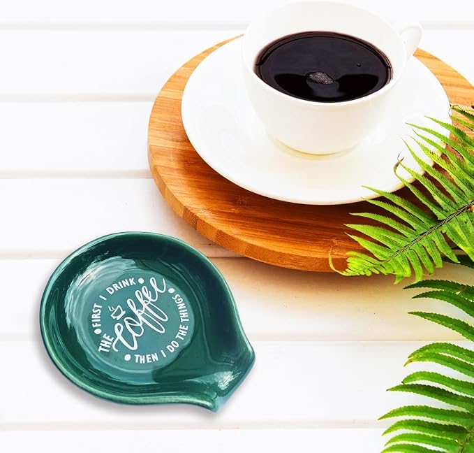Littlefa Coffee Spoon Rest Holder-Coffee Bar Accessories-Blackish Green | Funny Ceramic Coffee Spoon Rest for Coffee Bar Accessories Essentials, Coffee Lovers Gifts, But First I Drink Sign